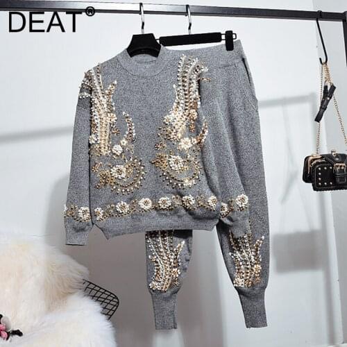 DEAT Women High Waist Elasticity Long Pants Embroidered Flare New Knitting Two Piece Set Fashion Autumn Winter 2021 11D420