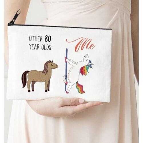 80 Year Olds Makeup Bag Flowers Horse Print Canvas Storage Bag Funny Women Horse Cosmetic Bags for Bride Gift Animal Prints