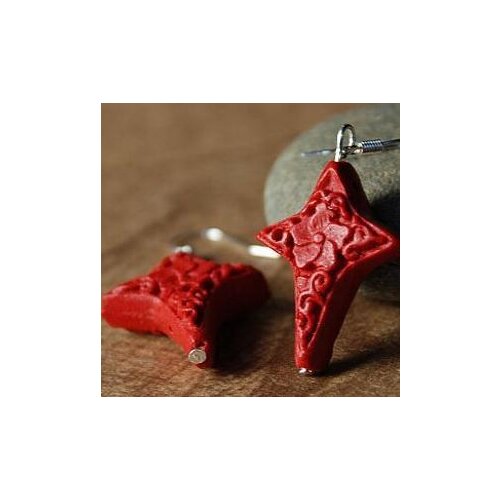 Perfect Red Carved Cinnabar Earrings, Fashion Womens Carved Lacquerware Jewelry,Red Cross S925 Silvers Dangle Earring .C-21