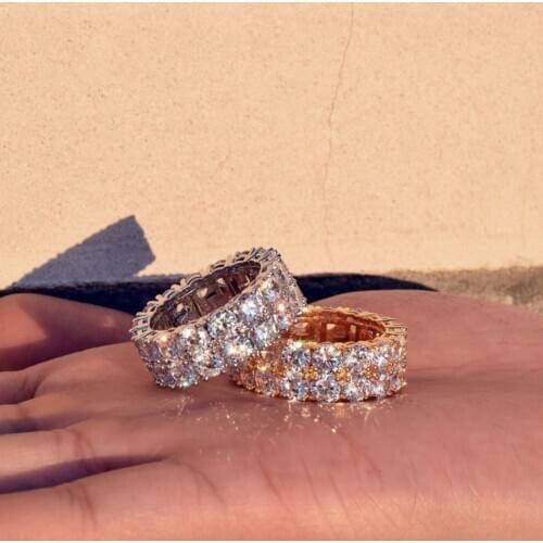 Hip Hop Rings for Women Man Big 2 Rows Simulated Diamond Stone 14K Gold & 925 Sterling Silver Wedding Engagement Jewelry Gift