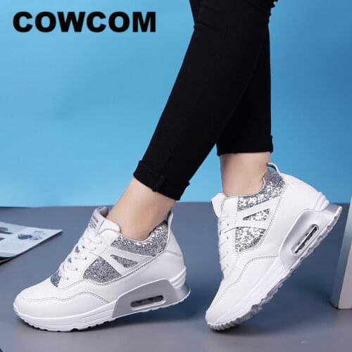 COWCOM Spring Elevated Womens Shoes Air Cushion Running Shoes Breathable Sequins Thick-soled Sports Casual Shoes