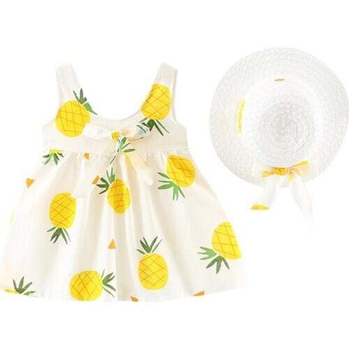 Baby Girls Summer Clothes Sets 2021 Toddler Girl Pineapple Dress + Bow hat Baby Clothing Kids Set Hawaiian Party Decor Dress