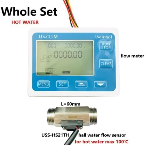 Hot Water Set US211M Digital Water Flow Meter with SUS304 Stainless Steel USS-HS21TH 1-30L/min Hall Water Flow Sensor Reader