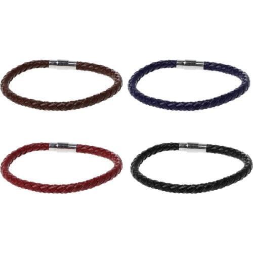 Stainless Steel Braided Genuine Leather Bracelet Wrist Cuff Unisex Jewelry