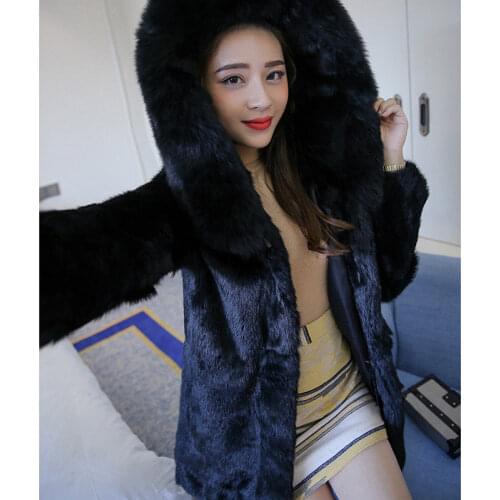 New womens Real genuine natural rabbit fur coat with fox fur hood girls fashion jacket outwear custom any size