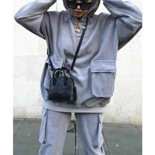 Fall Corduroy Tracksuits Women Two Peices Set Tooling Pocket Thick Warm Hoodies Sweatshirt Jogger Cargo Pants Women Sets Winter