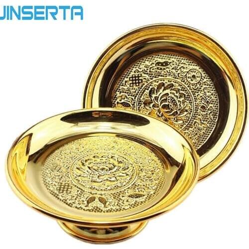 JINSERTA Gold Alloy Lotus Consecrate Fruit Tray Buddha Avalokitesvara Plate Religious Ceremonial Buddhist Temple Decoration