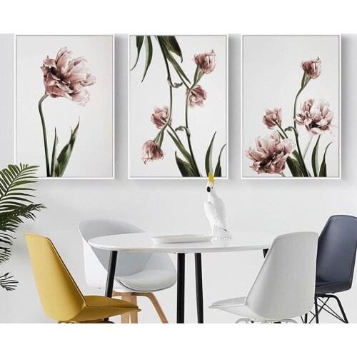Romantic Nordic Flowers Poster Canvas Painting Wall Art Pictures for Lving Room HD Posters And Prints Pink Green Home Decorative