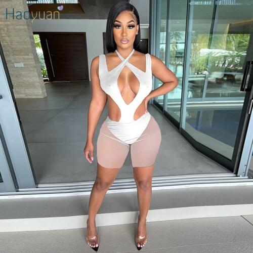 HAOYUAN Mesh Sheer Summer Two Piece Set Backless Bodycon Bodysuit Biker Shorts for Women Y2k Clothing Sexy Club Matching Sets