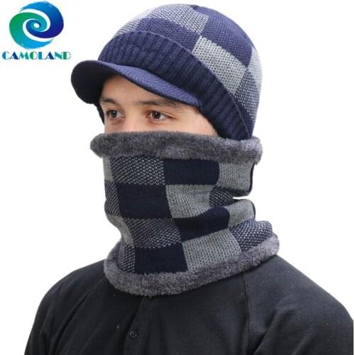 CAMOLAND Fashion Plaid Design Skullies Scarf Set For Women Plus Fleece Beanies Outdoor Warm Velvet Knitted Hat MenHedging Caps