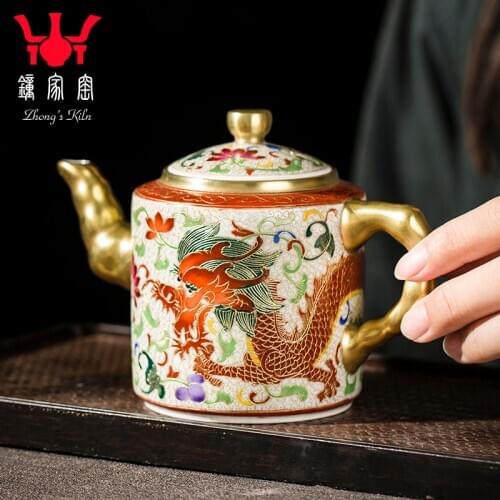 Zhongjia kiln silk enamel teapot with dragon pattern single pot Jingdezhen pink Qilin teapot household Kung Fu teapot