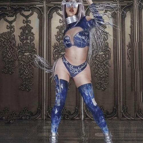 Shining Diamonds Silver Tassel Long Fringes Women Jumpsuits Nightclub Singer Dancer Show Stage Leotard Rave Festival Costumes