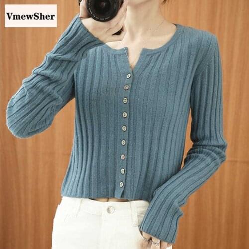 VmewSher Solid Women Short Sweater Cardigan Spring Autumn O Neck Single Breasted Long Sleeve Female Strip Slim Knit Crop Tops