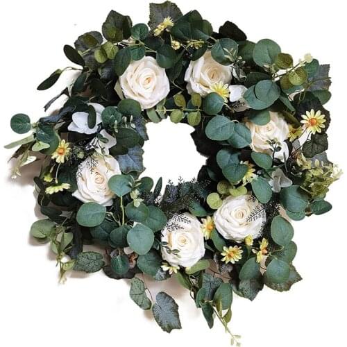 22 Inch Door Wreath Eucalyptus Leaves Daisy White Rose Wreaths Spring Summer Front Door Artificial Green Wreath Home