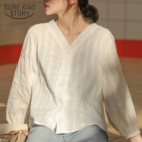 Vintage Woman Shirt V-neck Womens Tops and Blouses White Tops 2021 Autumn Long Sleeve Cotton Shirt Chic Office Lady Blusas 10956