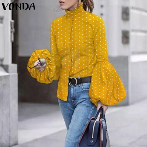 WomenTops Blouse 2021 VONDA Turn Down Neck Shirts Vintage Long Sleeve Dot Polka Printed Tops Plus Size Tunics Blusas