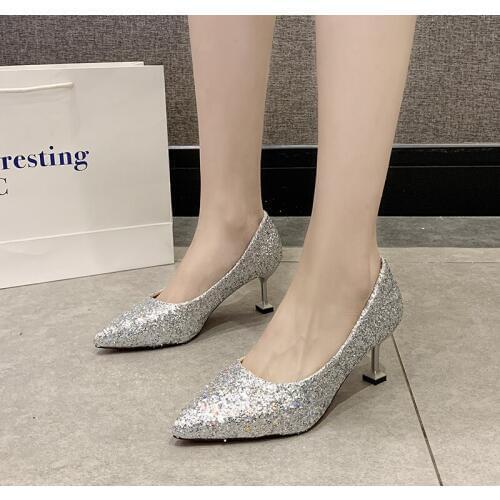 Elegant ladies shinning glitter gold silver pumps 2020 sexy pointed toe high heels ankle strap wedding party shoes woman U22-43