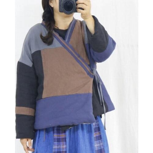 Johnature Vintage Linen Bandage Parkas For Women V-Neck Long Sleeve Patchwork Color 2021 Autumn Warm Female Chinese Style Parkas