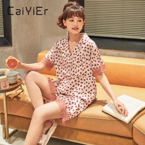 CAIYIER Women Summer Silk Satin Pajamas Set Sexy Leopard Print Girl Sleepwear Summer Lace Short Sleeve Shorts Casual Home Wear
