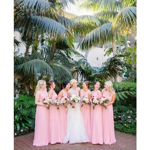 Long A-Line Pink O-Neck Chiffon Bridesmaid Dresses with Pockets Pleated Floor Length Zipper Back Robes de Soirée for Women