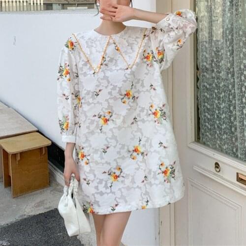 2021 Spring And Summer Puff Sleeve Peter Pan Collar Loose Dress Female Casual Cute Kawaii Lolita Style Women Princess