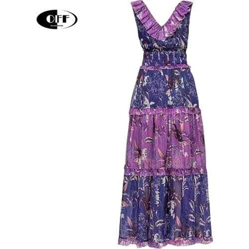 Designer Runway Party Evening Maxi Dresses For Women Elegant Ruffles Purple Elastic Waist Sleeveless Dress Vestidos de fiesta ZA