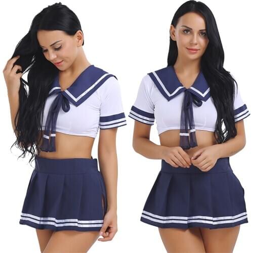 2PCS Women School Girls Sexy Costumes Sets Cosplay Costume Sailor Uniform Short Sleeve Top with Skirt Set for Roleplay Nightwear