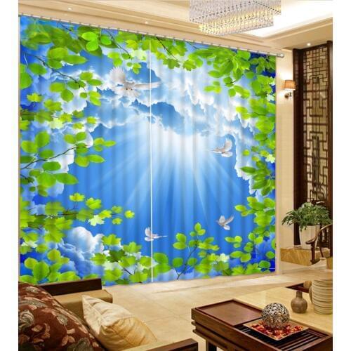 3D Curtain Fashion Customized Curtain Blue Sky, White Clouds, Pigeons, Green Leaves Curtains For Bedroom Blackout Shade Window