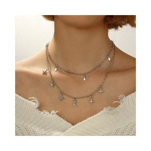 Creative Women Crescent Star Pendant Necklace Fashion Female Gold 2 Layers Chain Necklaces Ladies Crystal Zircon Jewelry Gifts