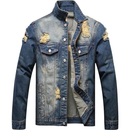 ERENEJIAN Mens Vintage Ripped Denim Trucker Jacket With Holes Fashion Hi Street Retro Jeans Coat Outerwear Streetwear Tops