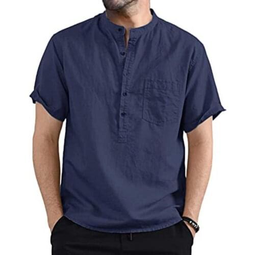 Casual Men Shirt Stand Collar Short Sleeve Male Shirts Cloth Solid Color Pockets Loose Men Shirt Tops Summer