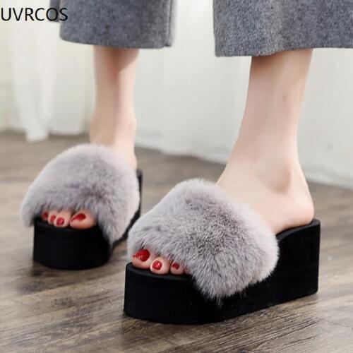 European and American new fox hair shoes female Spring and Autumn household shoes thick with non-slip plush slippers indoor