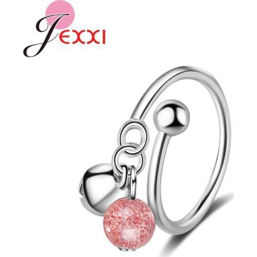 New Trendy Female Adjustable Open Rings With Pink Crystal & Bell Pendant Party Jewelry Bagues Anillos Wholesale