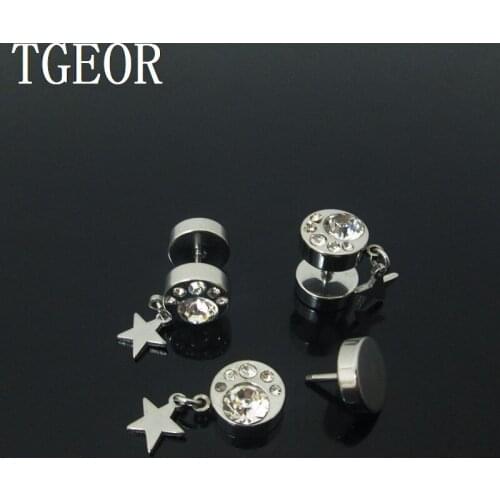 New illusion cheaters 1 pair 1.2*6*10/10mm Stainless Steel dangle star gem multi white crystals piercing fake plugs
