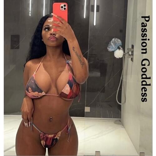 2 Piece Sexy Women Character Oil Painting Sets Beaching Suits Halter Bandage Crop Tops Strappy Shorts Split Swim Suits Outfits