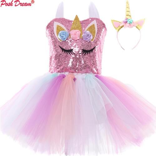 POSH DREAM Fancy Sequins Flower Girls Unicorn Tutu Dresses Unicorn Cosplay Children Party Costumes for Halloween Birthday