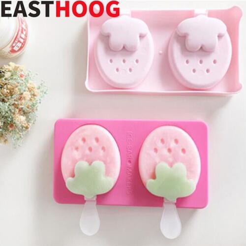 Hot Sale Cute Strawberry Shape Ice Cream DIY Mold Food Grade Plastic Popsicle Mould Homemade Ice Cream Sticks Cube