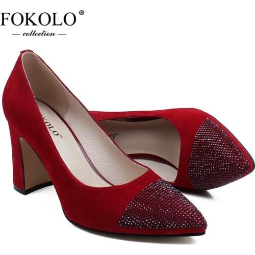 FOKOLO Women Pumps Fashion Pointed Toe Kid Suede Thick heels New Spring Autumn High Quality Genuine Leather Handmade Shoes GC6
