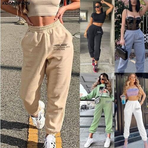 XUANSHOW 2021 Women Sweat Pant Wide Leg Oversized High Waisted Sports Jogger Cargo Pant Streetwear Fleece Casual Sweatpants