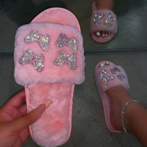 2021 autumn/winter women new round-toe thick-soled flat mid-heel fur sandals bowknot rhinestone slippers Home slippers