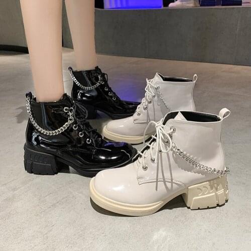 Womens boots fashion leather black boots womens high heels sexy chain thick heels platform boots womens ankle boots