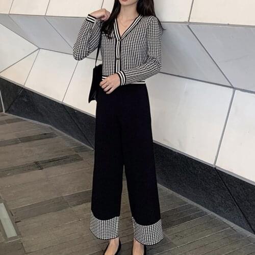Women Crop Top Trousers Suits 2021 Autumn Knit 2 Piece Set Women Houndstooth Cardigan Sweater + Wide-Leg Pants Two Piece Outfits