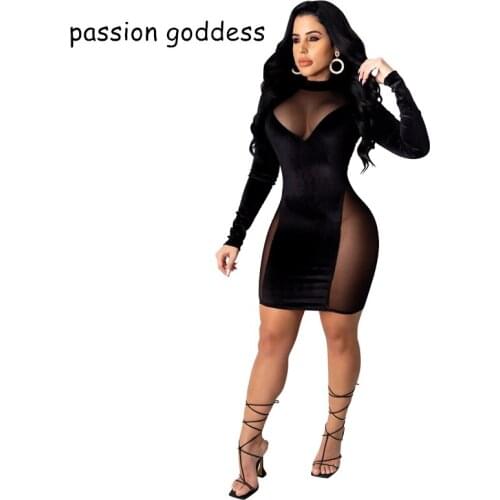 Women Fashion Sexy Black Transparent Mesh Patchwork Dress Stand Collar Long Sleeve See-through Bodycon Clubwear Mini Party Dress