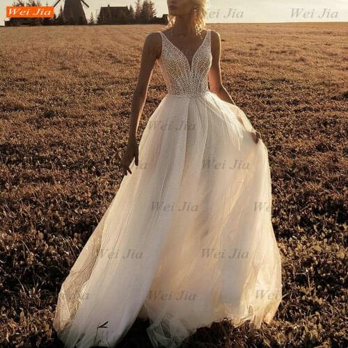 Glitter V Neck Wedding Dress 2021 Lace Up vestido de novia Customized trouwjurk A Line Tulle Lace Appliqued Beading Bridal Gowns