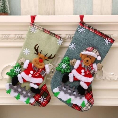 1 pcs Christmas Stockings Socks with Snowman Santa Elk Bear Printing Xmas Candy Gift Bag Fireplace Xmas Tree Decoration New Year