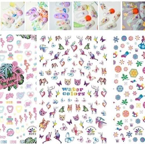 2020 Watercolor design Transfer Nails Art Sticker cute cartoon love Bear design Animal Flamingo manicure tools Nail Wrap Supply