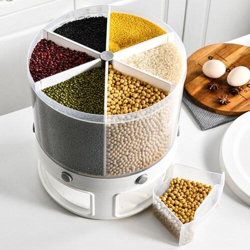 6 Grids Rotating Food Storage Box Food Storage Cereal Dispenser Storage Box Dry Food Rice Container Storage Case Flour Grain