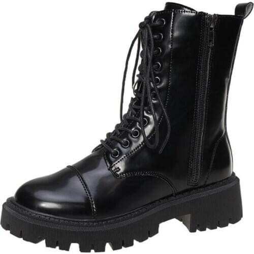 New Leather Winter Motocycle 2020 Warm Ankle Boots for Women black boots Adult High Top Female Shoes Boots Women goth shoes punk