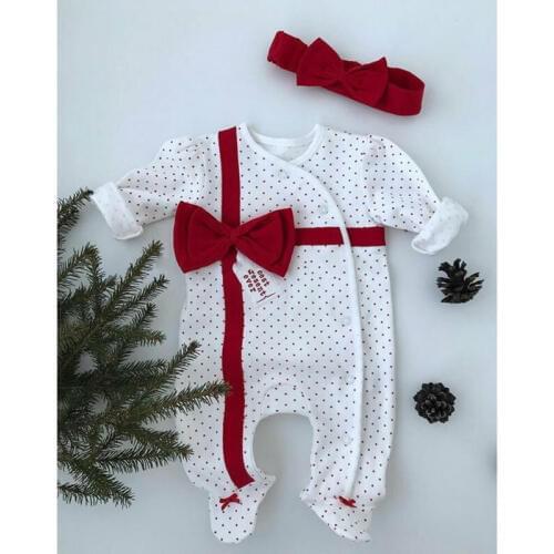 Newborn Baby Girl Boy Kid Autumn Long Sleeve Dot Bandage Patchwork Bowknot Romper Jumpsuit Headband Outfit Clothes