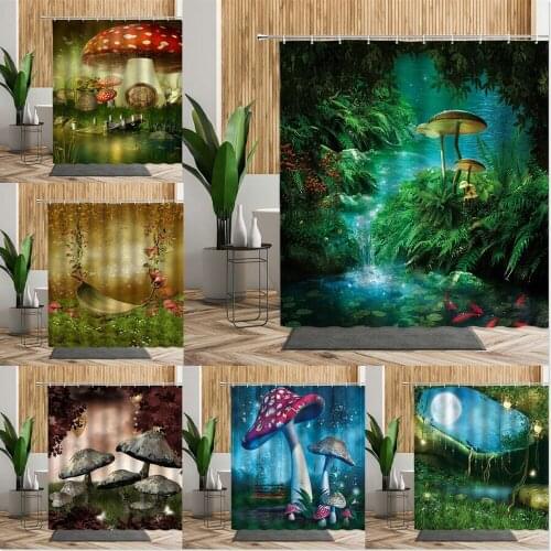 Forest Fairy Tale Scenery Bath Shower Curtain Tropical Jungle Plant Mushroom Flower Landscape Fabric Bathroom Curtain Wall Decor